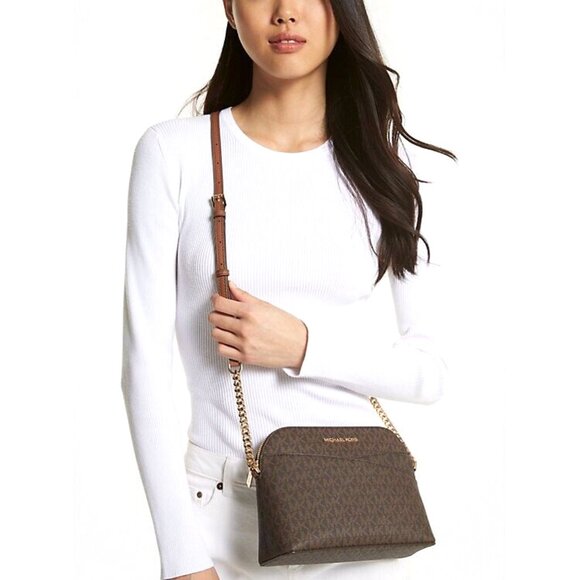 New Michael Kors Jet Set Travel Medium Logo Dome Crossbody Bag Brown - Picture 2 of 3